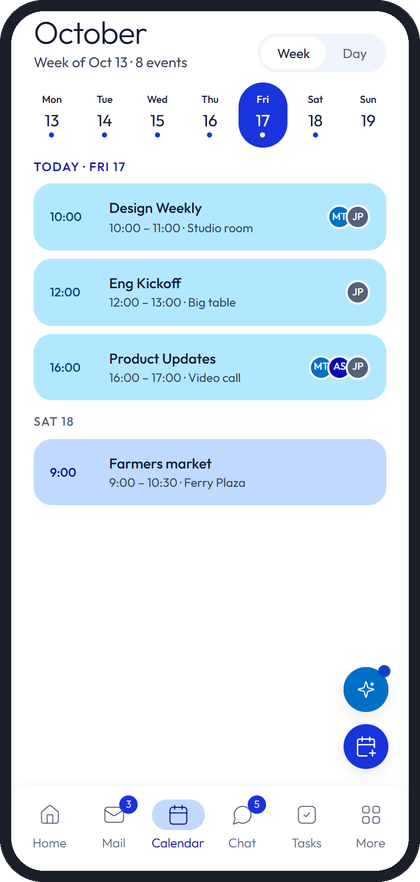 Nook week calendar with meetings (example data)