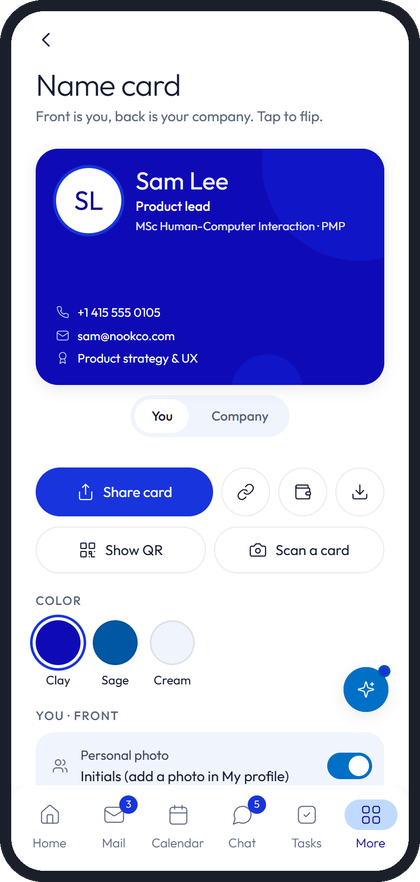 Nook digital name card with share and QR options (example data)